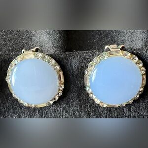 Vintage Blue & Silver Faux Moonstone & Rhinestone Cabochon Clip On Earrings GUC